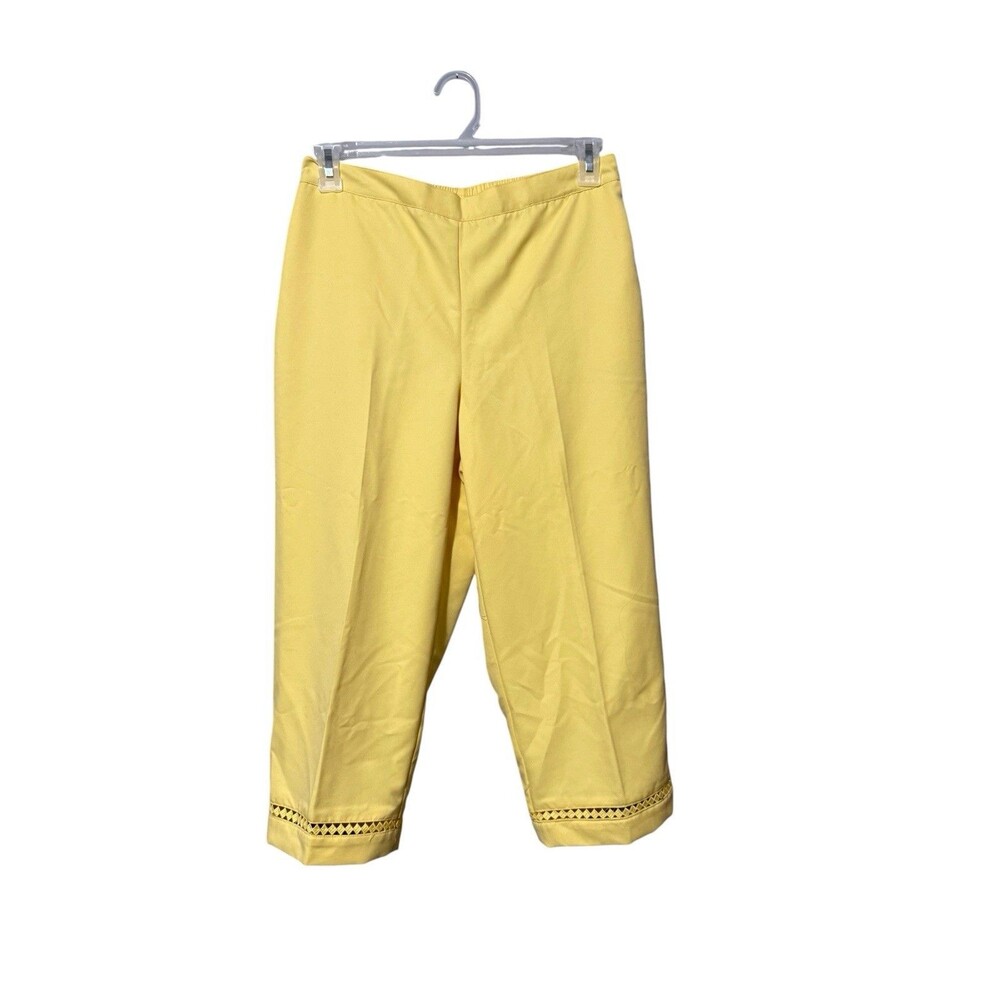Alfred Dunner Yellow Pull On Crop Pants Lattice Hem Stretch Size 10